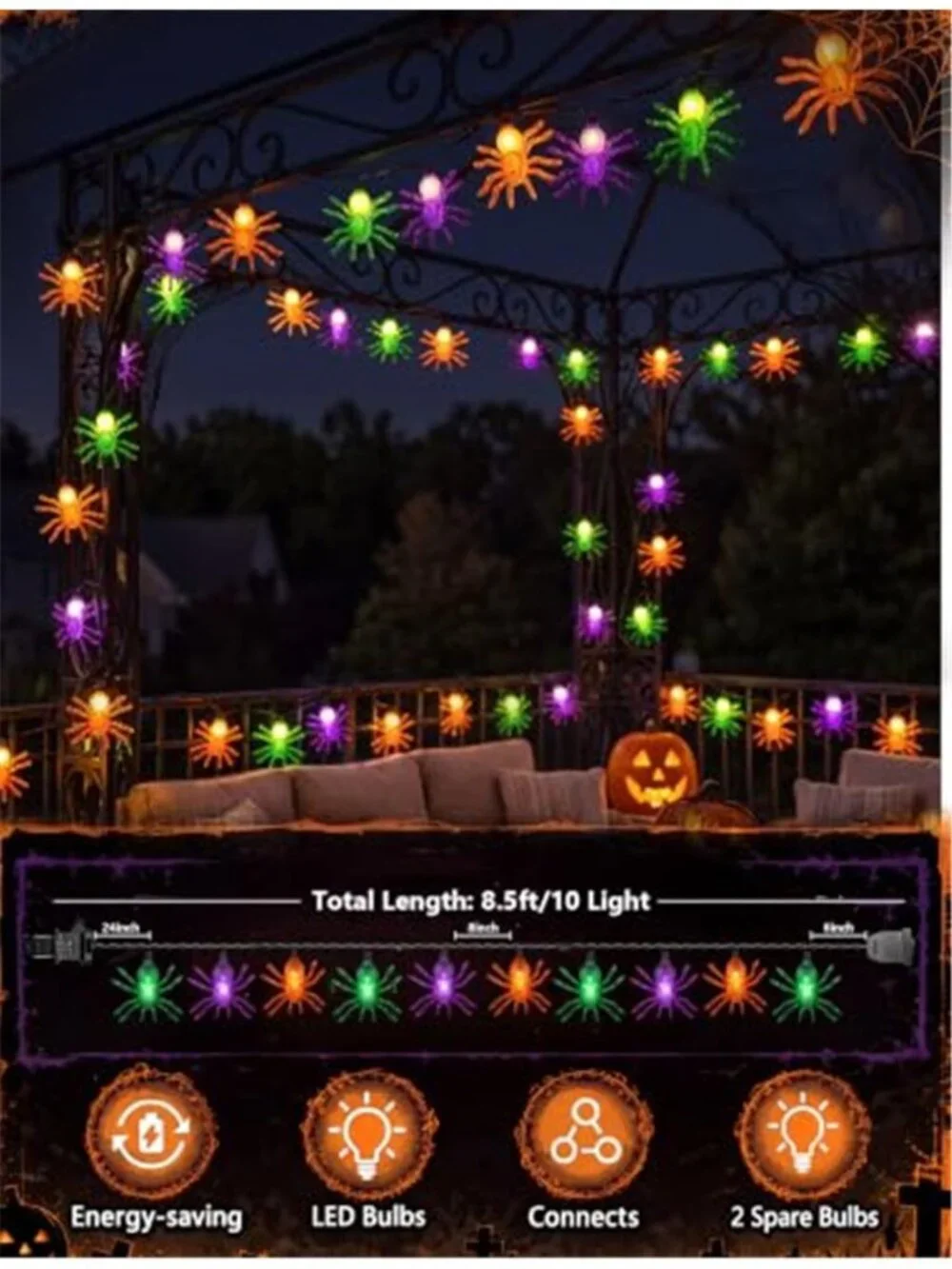 Halloween Spider String Lights Outdoor 8.5FT 10 LED Spider Lights Plug in